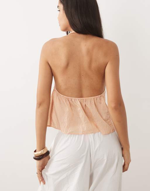 Mango – Orange, randig, böljande topp med halterneck, 4 av 4
