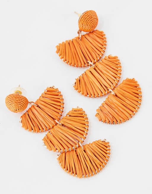 Mango - Orecchini a mezza luna in rafia color arancione, 2 di 4