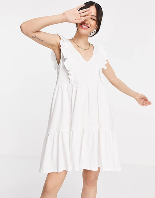 Women Mango organic cotton frill summer dress in white 