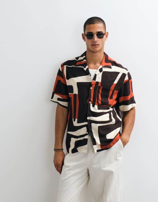 Mango overhemd met abstracte retroprint en korte mouwen in bruin, 2 van 5