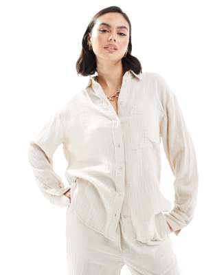 Mango - Overhemd met linnenlook en textuur in lichtbeige, deel van co-ord set