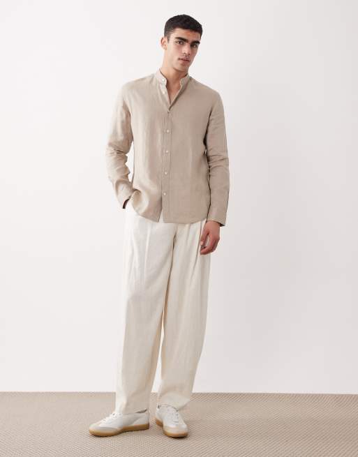 Mango - Overhemd van 100% linnen met mandarijnkraag en lange mouwen in beige, 2 van 5