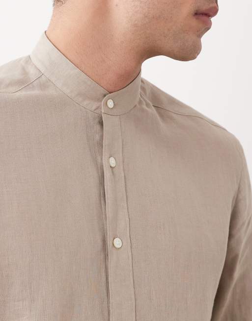 Mango - Overhemd van 100% linnen met mandarijnkraag en lange mouwen in beige, 3 van 5