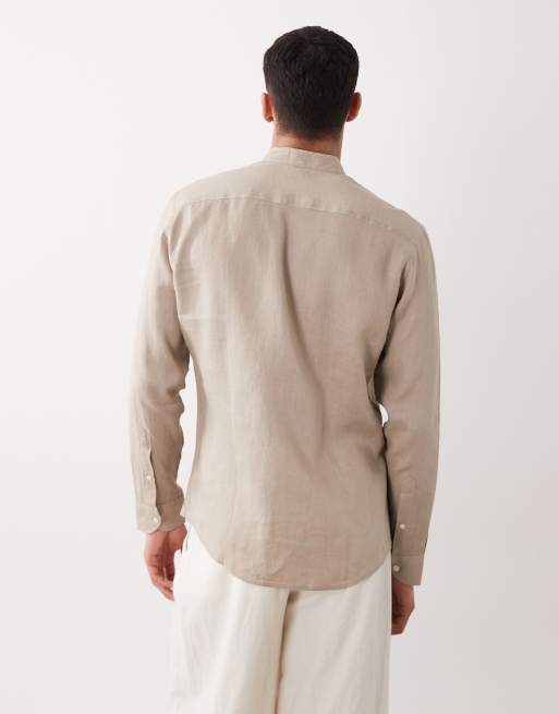 Mango - Overhemd van 100% linnen met mandarijnkraag en lange mouwen in beige, 5 van 5