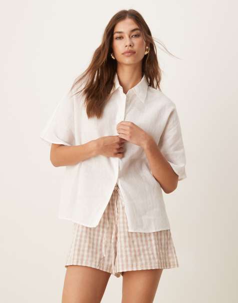 Mango - Overhemd van een linnenmix met korte mouwen in wit - view 1