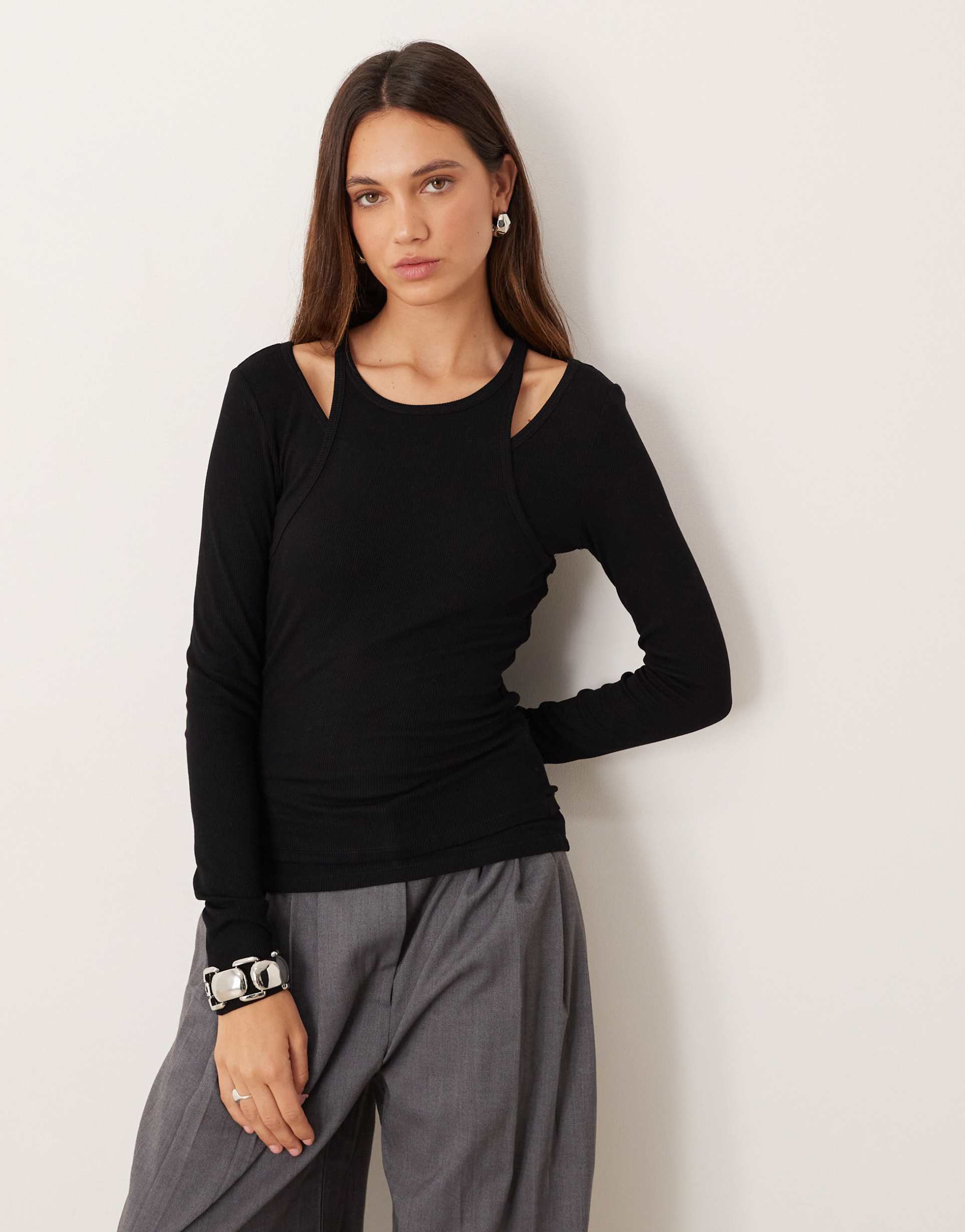 mango overlay detail long sleeve top in black