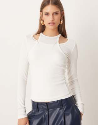 Mango Overlay Detail Long Sleeve Top In White