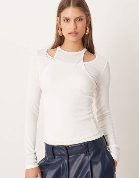 Mango overlay detail long sleeve top in white - view 1