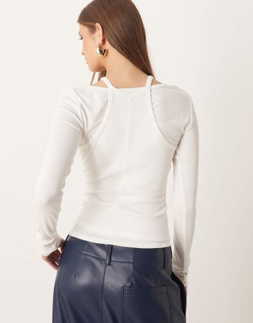 Mango overlay detail long sleeve top in white, 4 of 4