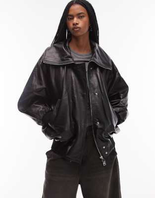 Mango - Oversize-Bomberjacke aus Leder in Schwarz