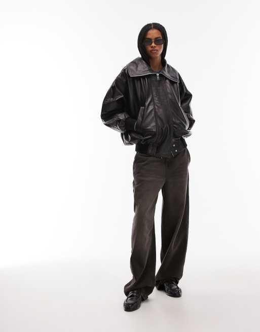 Mango – Oversize-Bomberjacke aus Leder in Schwarz | ASOS