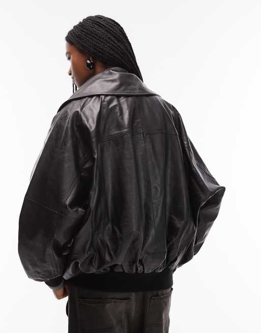 Mango – Oversize-Bomberjacke aus Leder in Schwarz | ASOS