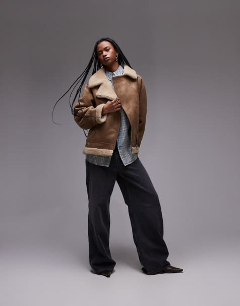Mango – Oversize-Pilotenjacke in Braun mit Lammfellimitat - view 1