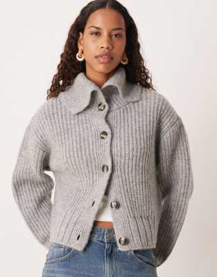 Mango - Oversize-Strickjacke in Grau mit Kragen