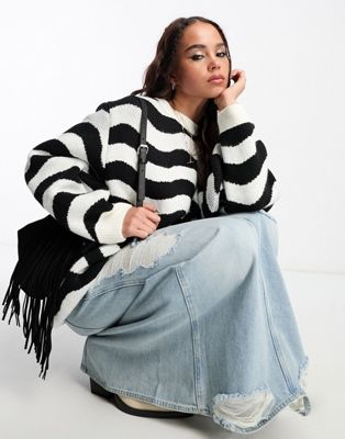 Mango oversize wavy striped sweater in black and white