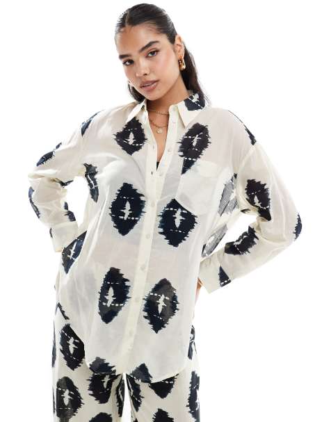 Mango oversized aztec print co-ord shirt in beige - view 1