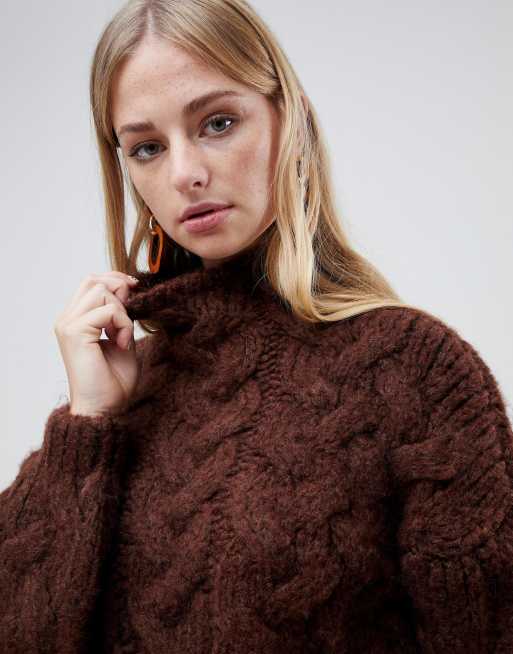 Mango oversized cable knit in chocolate in brown