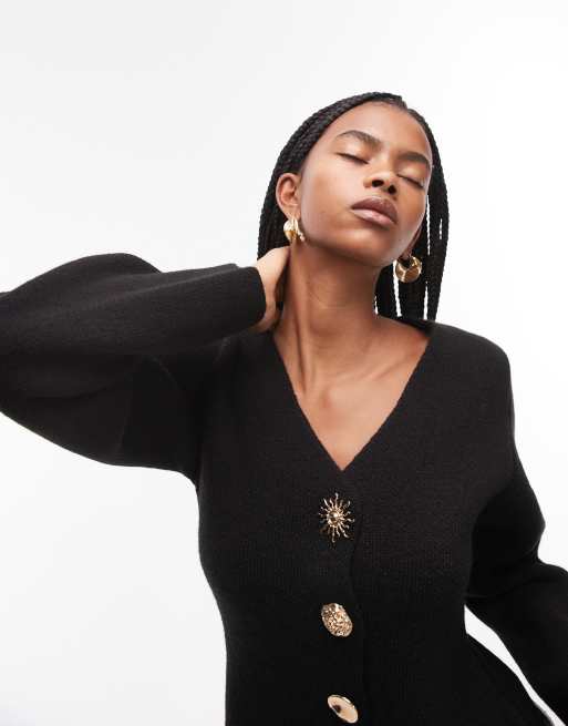 slim fit dress slacks Black Knit Long Sleeve Nala Dress w/ Gold Shank Buttons main image 0