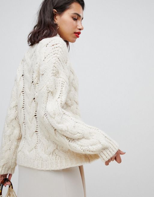 Cable Knit Chunky Cardigan Beige, Oversized Hand Knit Cozy Sweater