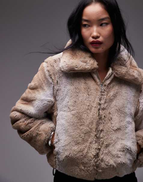 Mango oversized collar fur jacket in beige - view 1