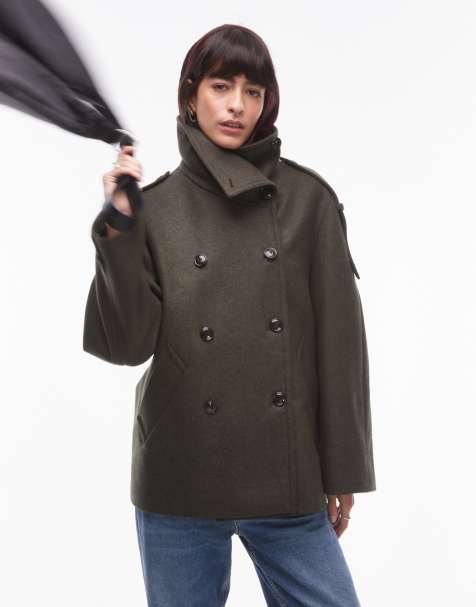 Mango oversized collar wool coat in dark green - view 1