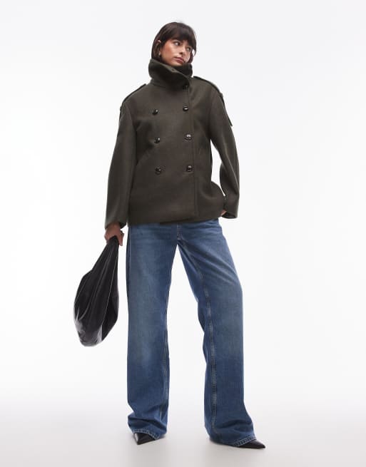 Mango oversized collar wool coat in dark green