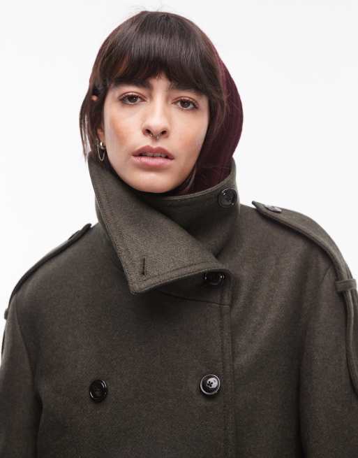 Mango oversized collar wool coat in dark green