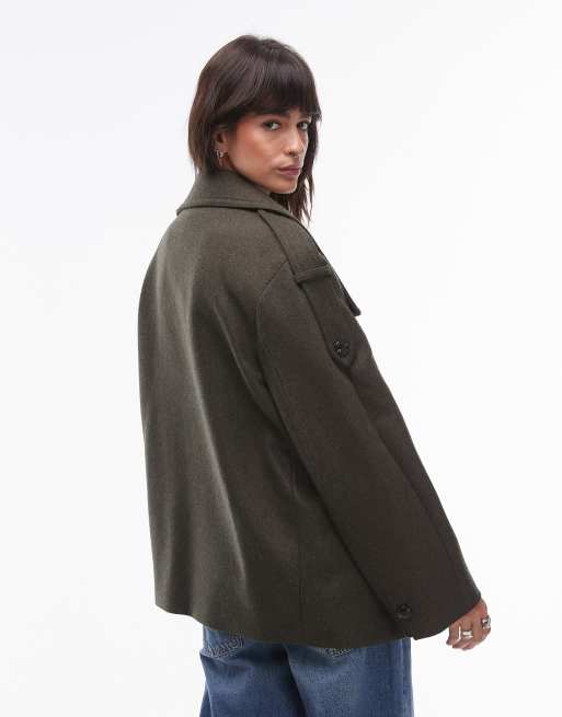 Mango oversized collar wool coat in dark green