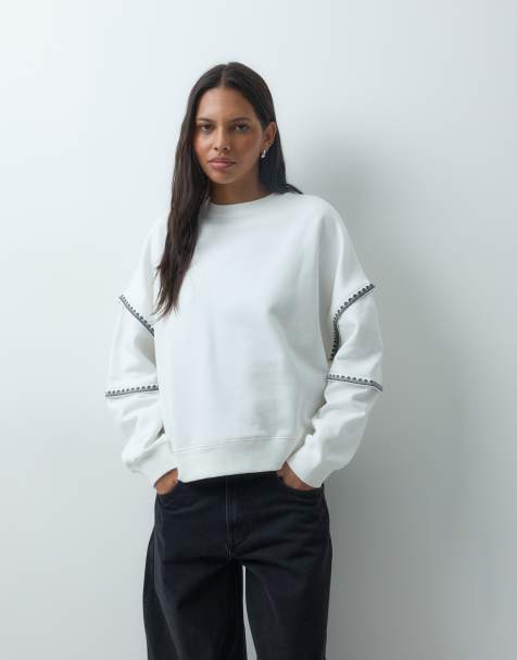 Mango oversized embroidered sleeve sweater in white - view 1