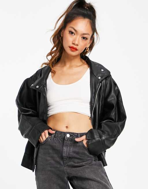 Mango oversized faux leather biker jacket in black | ASOS