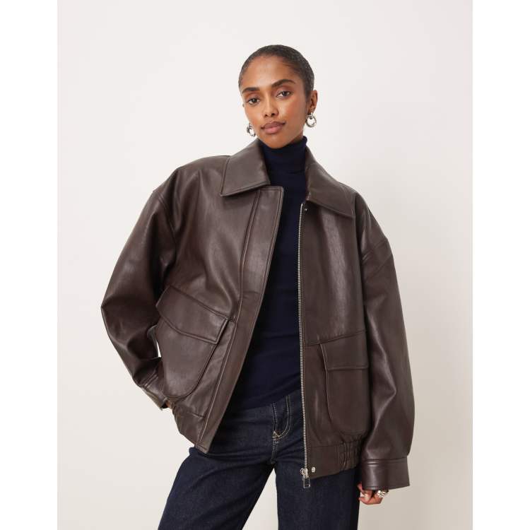 Mango oversized faux leather jacket in chocolate brown | ASOS