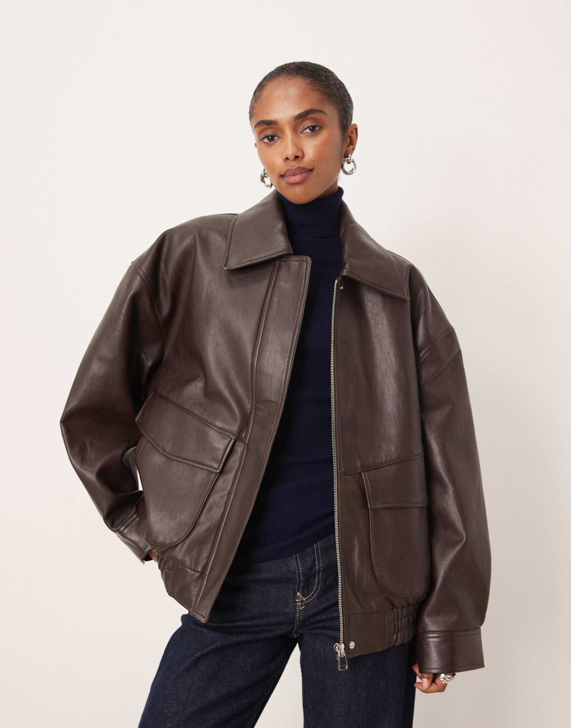mango oversized faux leather jacket in chocolate brown