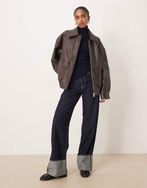 Mango oversized faux leather jacket in chocolate brown | ASOS