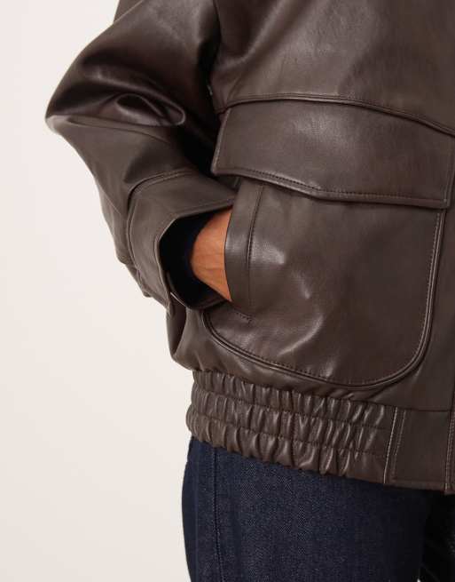 Mango oversized faux leather jacket in chocolate brown | ASOS