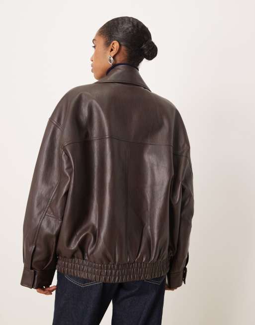 Mango oversized faux leather jacket in chocolate brown | ASOS