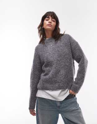 oversized fluffy crew neck sweater in gray