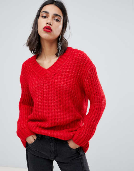 Humoristisch schade Ecologie Mango - Oversized gebreide trui met V-hals in rood | ASOS