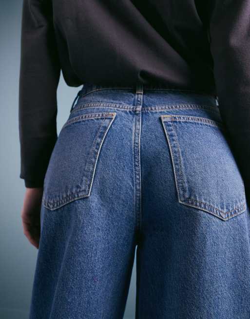 Mango - Oversized katoenen jeans met wijde ronde pijpen in medium blauw, 4 van 5