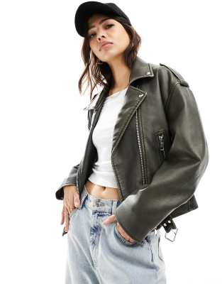 Mango oversized leather look jacket in washed black