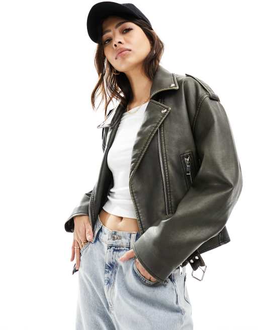 Mango oversized leather look jacket in washed black