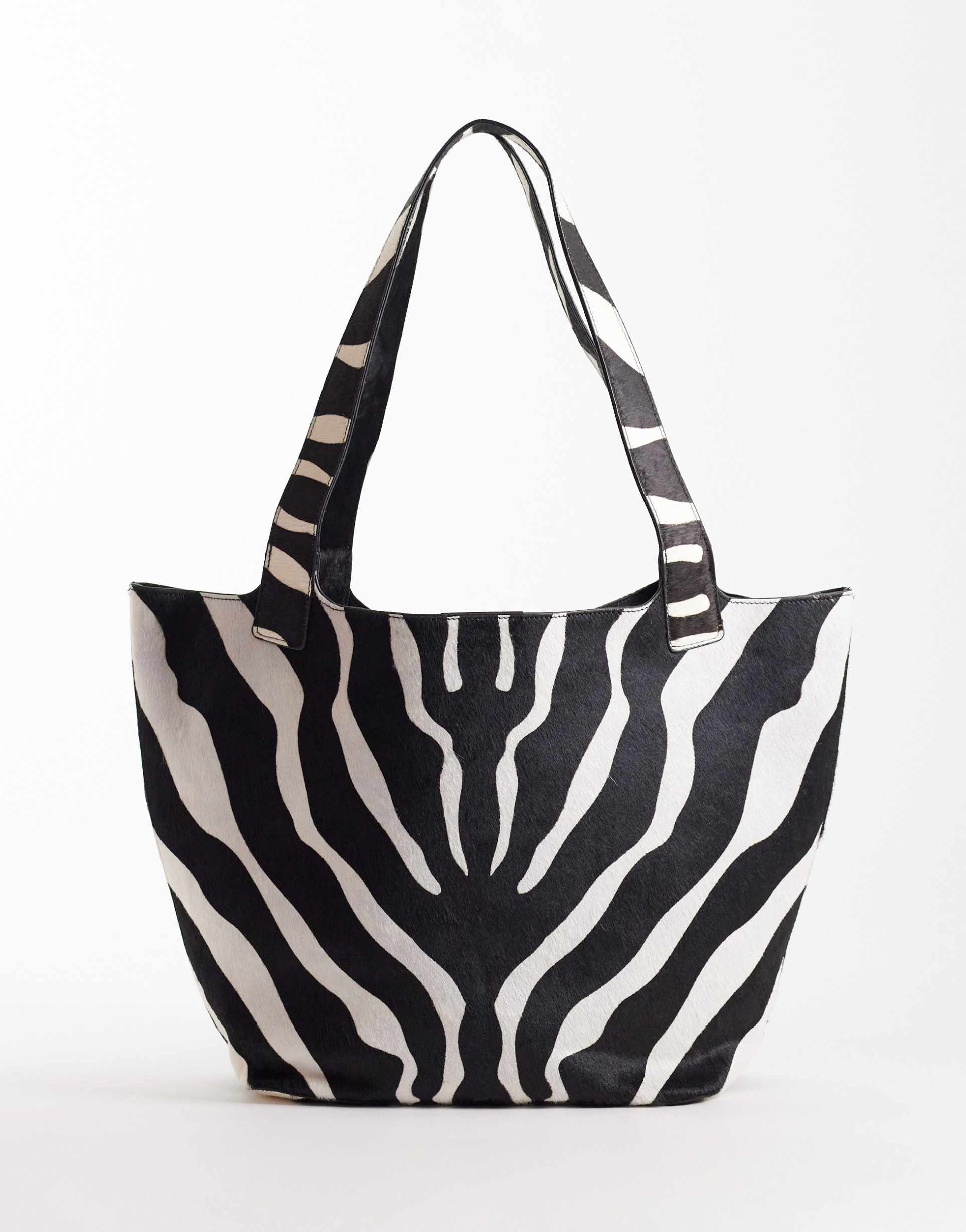 mango oversized leather pony hair tote bag in zebra print