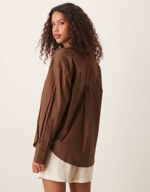Mango oversized linen look shirt in dark brown | ASOS
