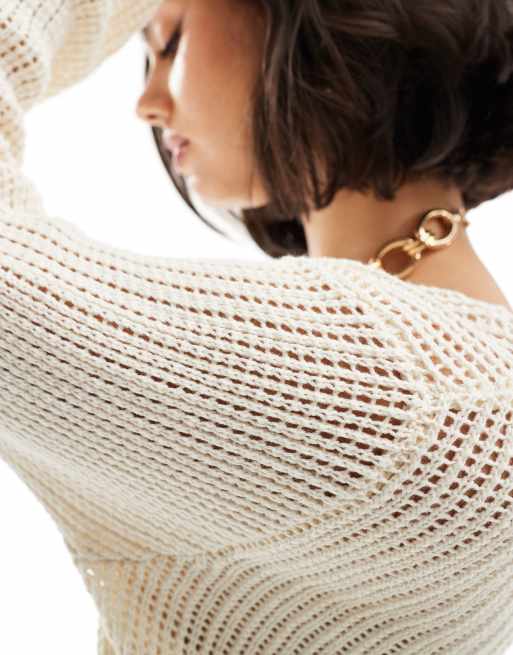 Mango oversized open weave jumper in white, 2 of 4
