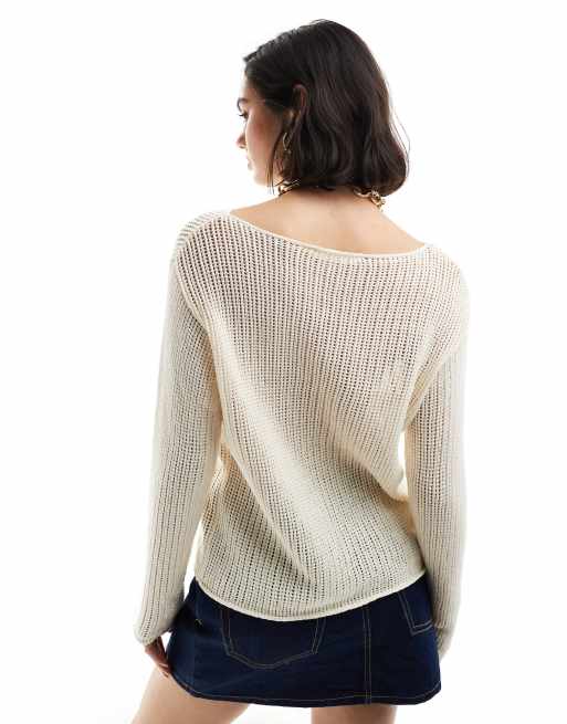 Mango oversized open weave jumper in white, 3 of 4