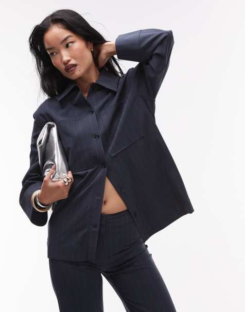 Mango oversized pinstripe overshirt in navy - part of a set - view 1