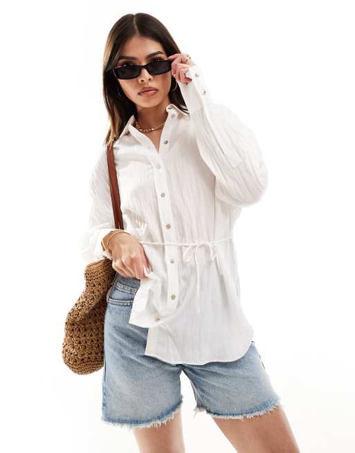 Mango - Oversized plissé overhemd in gebroken wit
