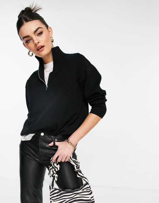 Mango – Oversized-Pullover mit kurzem Reißverschluss in Schwarz