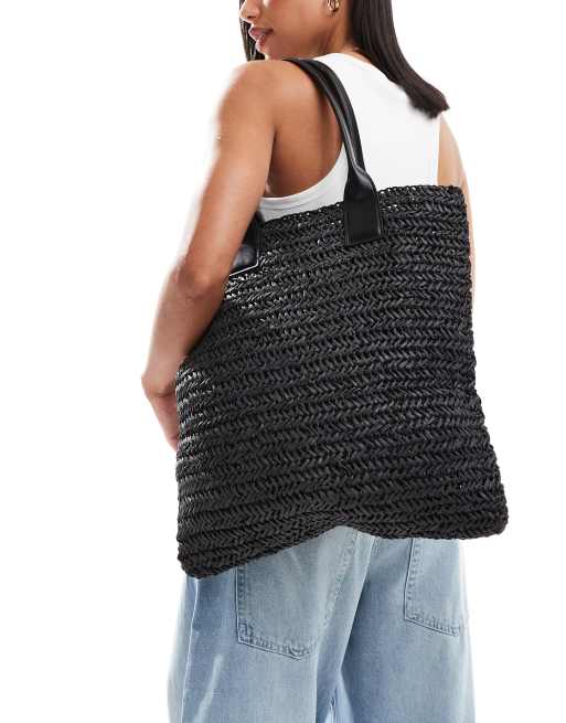 Mango oversized raffia shopper bag in black