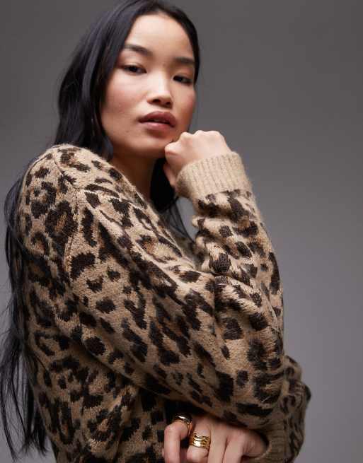 Mango oversized round neck jumper in leopard print