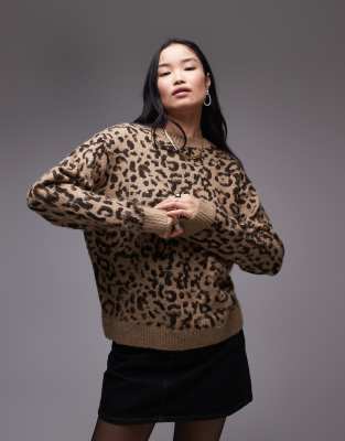 oversized round neck sweater in leopard print-Brown